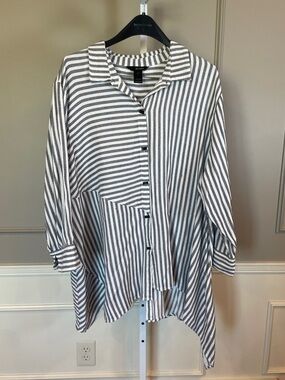 Ali Miles 3X Long Length Tunic Shirt Blouse Top Black White Stripe Asymmetrical
